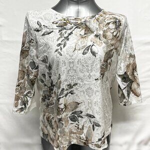 ALFRED DUNNER Pullover Top Blouse Taupe Floral, Jeweled, Lined, 3/4 Sleeve PM F
